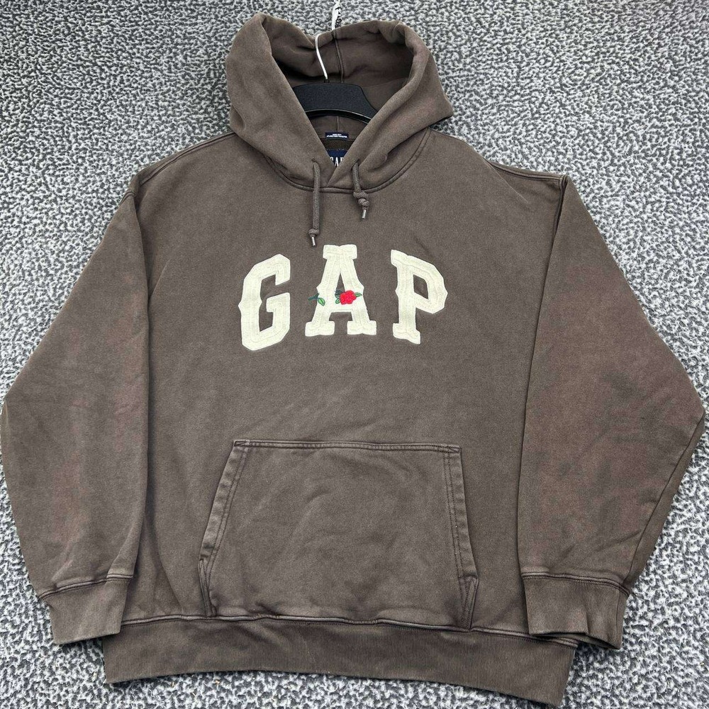 GAP Hoodie Men Large Brown Rose Logo Pullover Fleece Lined Long Sleeve